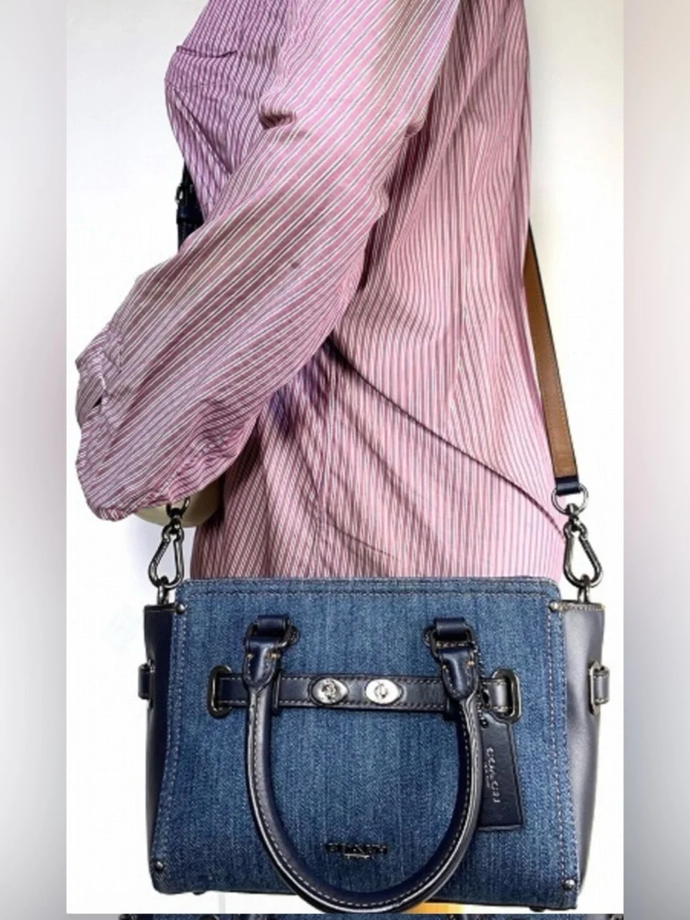 COACH Mini Denim & Black Leather Swagger Crossbody w/Gunmetal Hardware - Picture 10 of 12